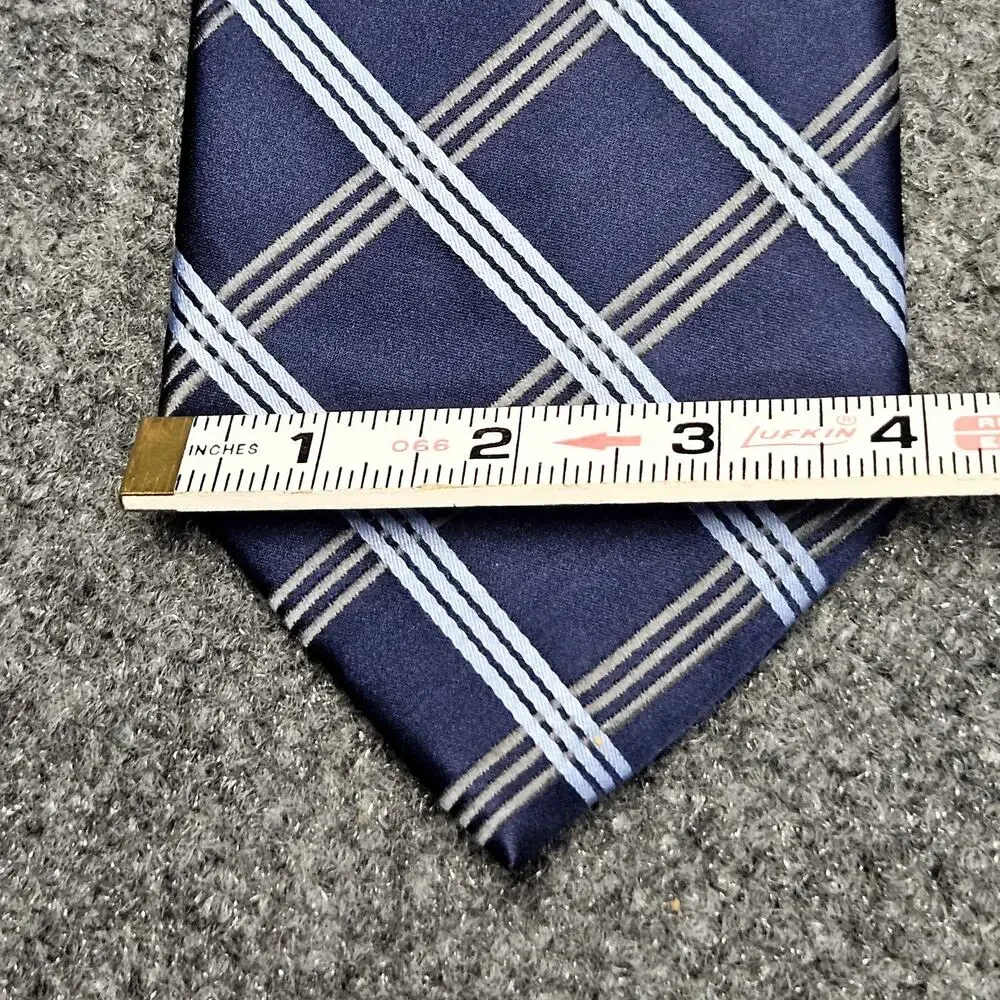 Bugatti Neck Tie Blue Diamond Plaid‎ Pattern 100% Silk Navy White Band Stripes
